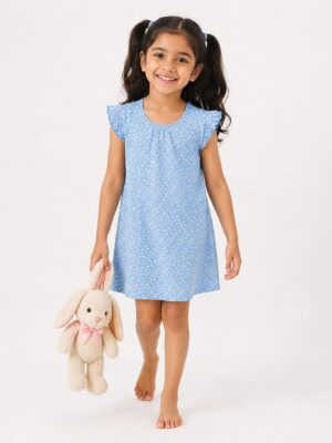 Girls Cotton floral print flutter sleeve Dress - Sky Blue