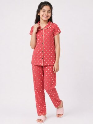 Girls Cotton Printed Night Suit Set - Terracotta