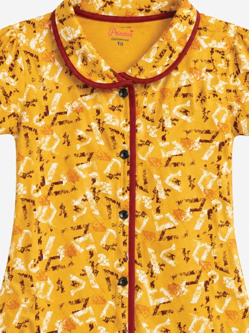 Girls Cotton Printed Night Suit Set - Yellow