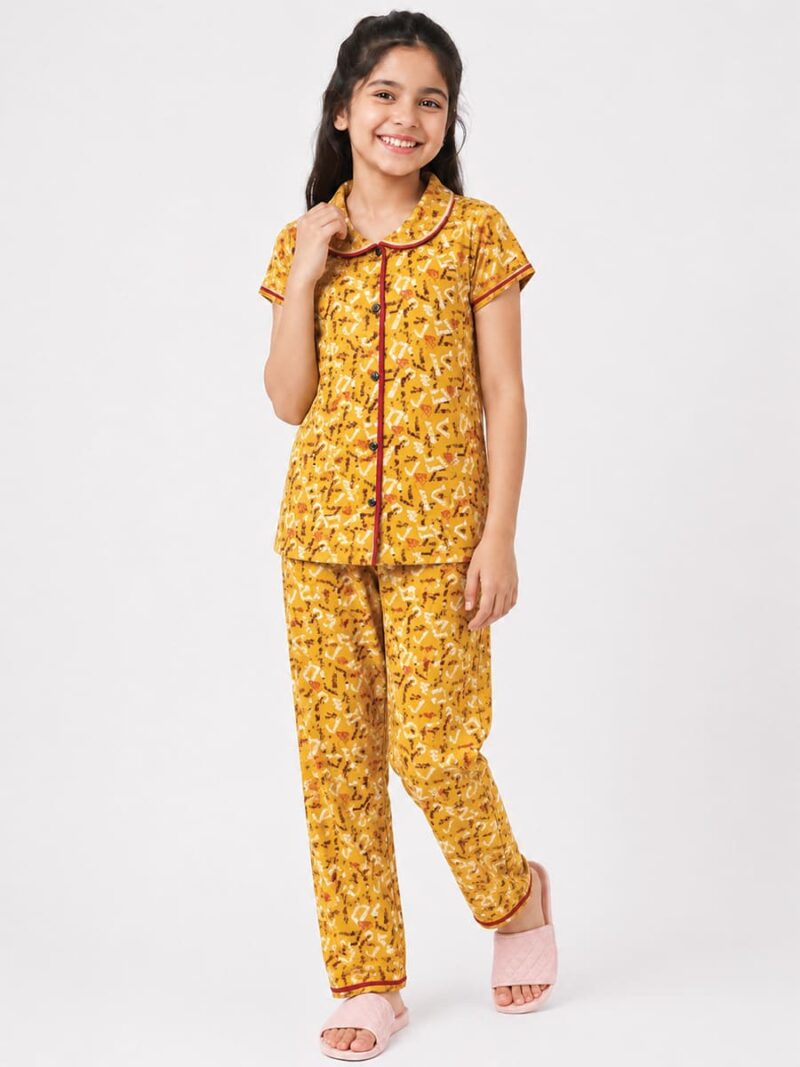 KG-NS-334-02-YL-10Y-F Girls Cotton Printed Night Suit Set - Yellow