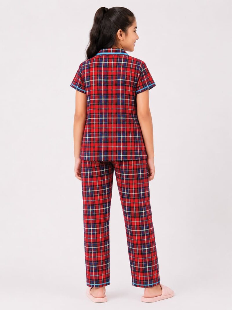 Buy stylish red checked cotton night suit for girls with short sleeves