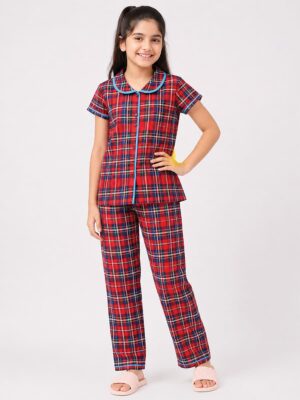Girls Cotton Printed Night Suit Set - Red