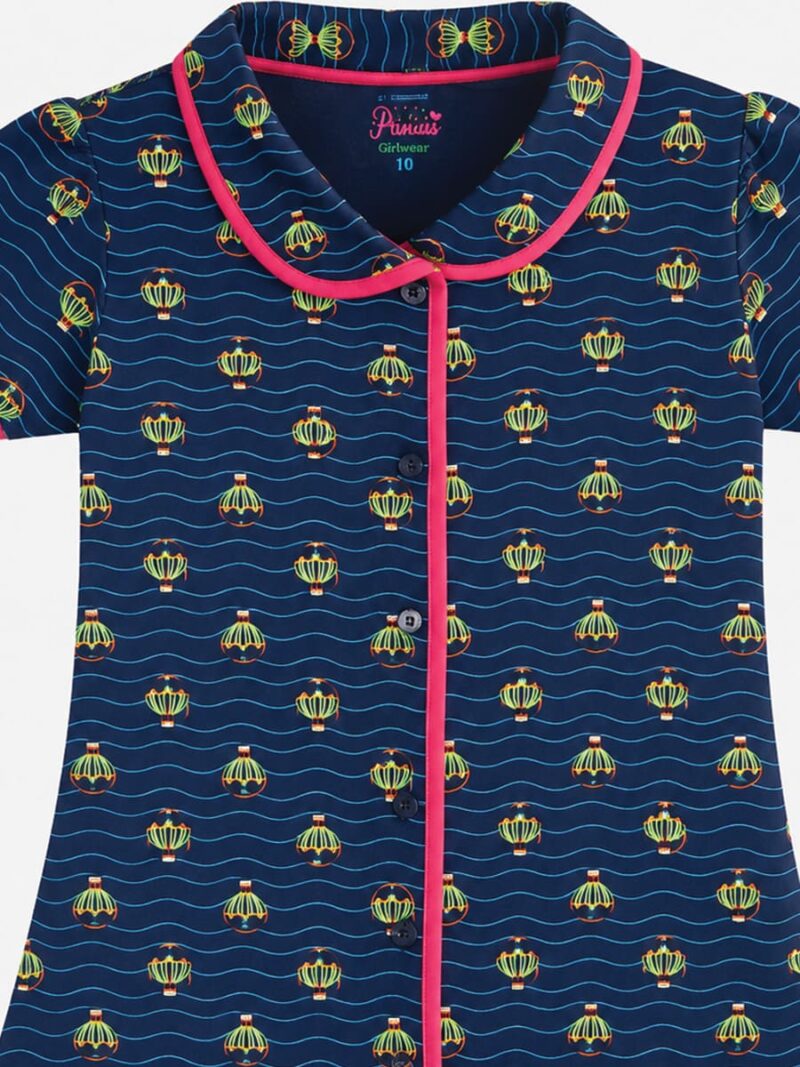 Girls Cotton Printed Night Suit Set - Navy Blue