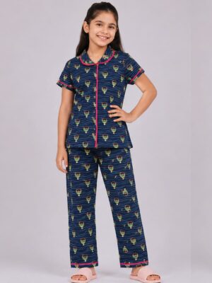 Girls Cotton Printed Night Suit Set - Navy Blue