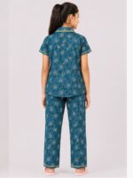 Buy blue printed cotton night suit for girls online with floral pattern