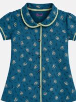 Girls Cotton Printed Night Suit Set - Teal