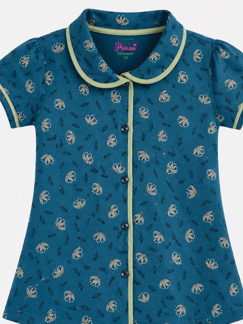 Girls Cotton Printed Night Suit Set - Teal