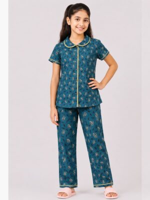 Girls Cotton Printed Night Suit Set - Teal