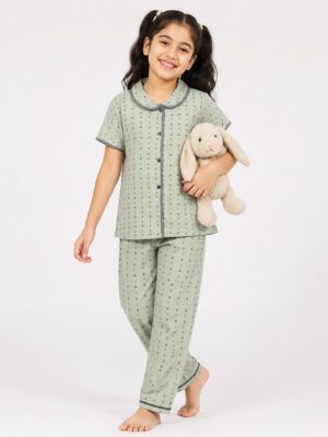 Girls Cotton Printed Night Suit Set - Plum