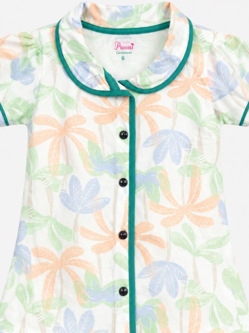 Girls Cotton Printed Night Suit Set - Off White