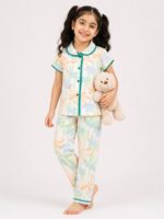 Girls Cotton Printed Night Suit Set - Off White
