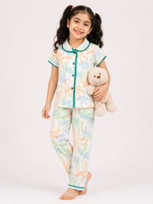 Girls Cotton Printed Night Suit Set - Off White
