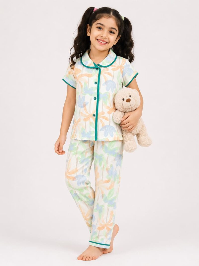 Girls Cotton Printed Night Suit Set - Off White
