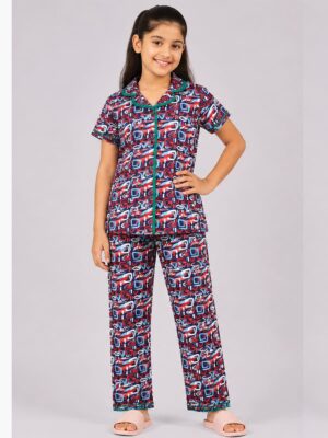 Girls Cotton Printed Night Suit Set - Multicolour