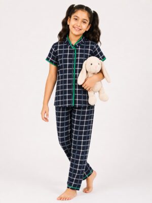 Girls Cotton Printed Night Suit Set - Black