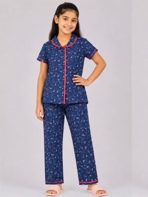 Girls Cotton Printed Night Suit Set - Navy Blue