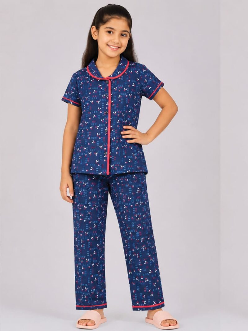 Girls Cotton Printed Night Suit Set - Navy Blue