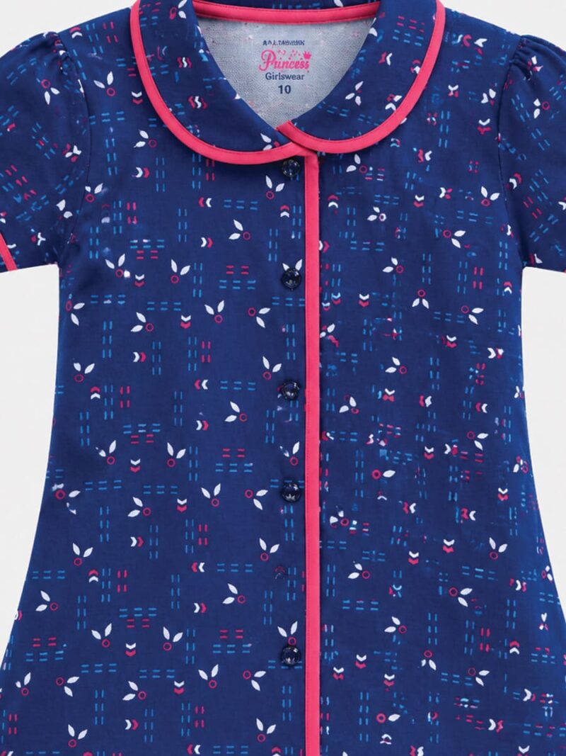 Girls Cotton Printed Night Suit Set - Navy Blue