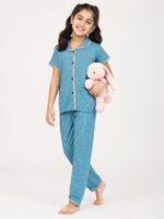 KG-NS-334-11-AQ-10Y-B Girls Cotton Printed Night Suit Set - Aqua
