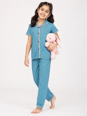 Girls Cotton Printed Night Suit Set - Aqua