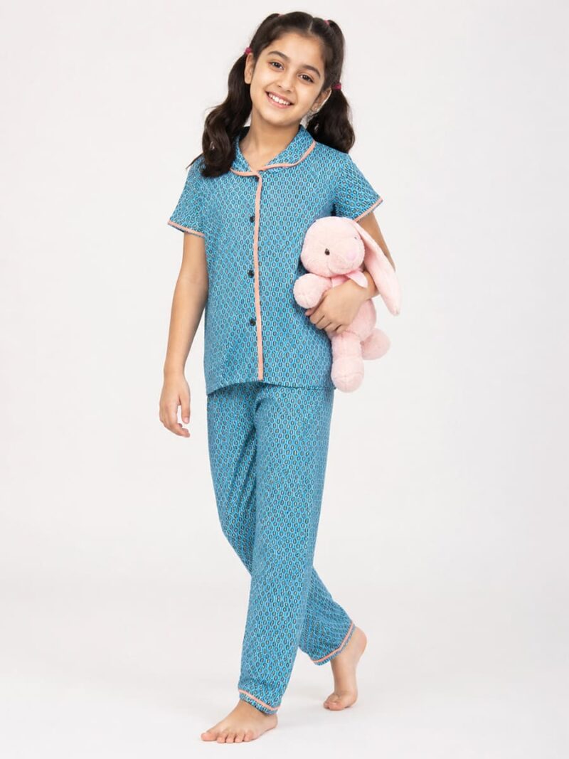 KG-NS-334-11-AQ-10Y-B Girls Cotton Printed Night Suit Set - Aqua
