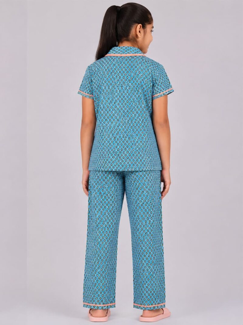 Girls Cotton Printed Night Suit Set - Aqua
