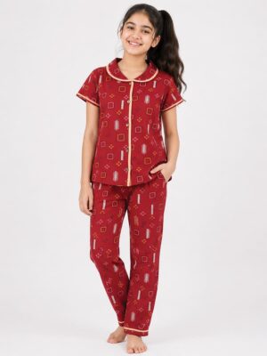 Girls Cotton Printed Night Suit Set - Red