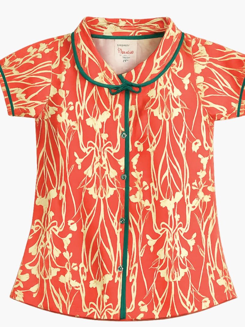 Girls Cotton Printed Night Suit Set - Coral