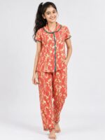 KG-NS-335-02-CR-14Y-F Girls Cotton Printed Night Suit Set - Coral