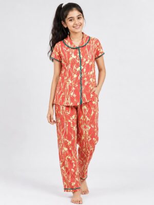 Girls Cotton Printed Night Suit Set - Coral