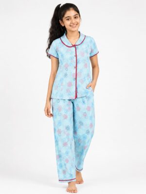 Girls Cotton Printed Night Suit Set - Aqua