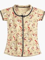 KG-NS-335-05-CRM-14Y-B. Girls Cotton Printed Night Suit Set - Cream