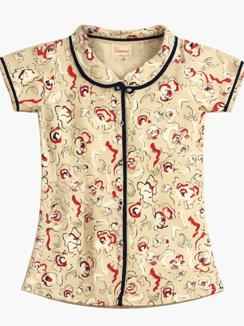 Girls Cotton Printed Night Suit Set - Cream