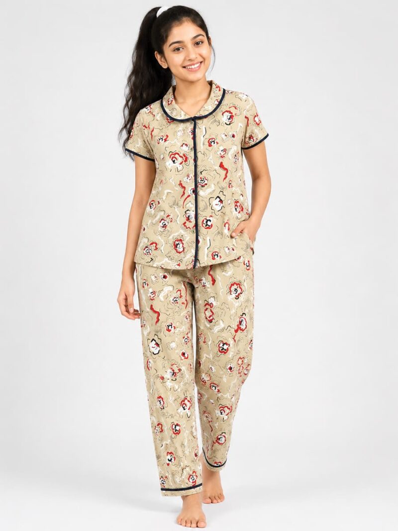KG-NS-335-05-CRM-14Y-F Girls Cotton Printed Night Suit Set - Cream