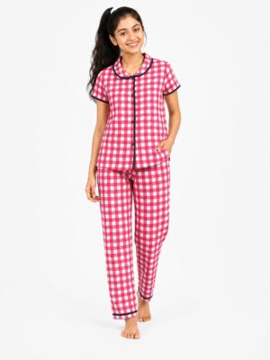 Girls Cotton Printed Night Suit Set- Pink