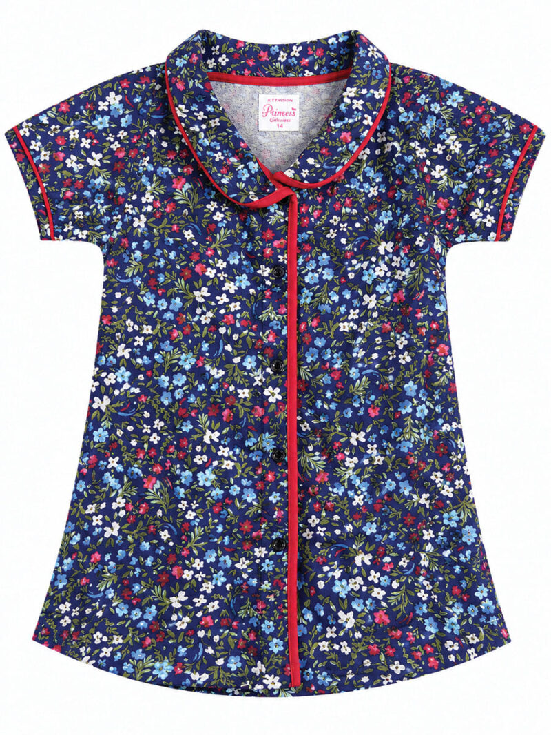 Girls Cotton Printed Night Suit Set- Navy Blue