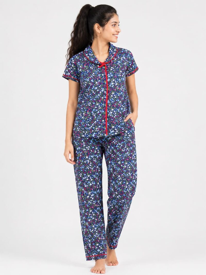 KG-NS-335-10-NB-14Y-F Girls Cotton Printed Night Suit Set- Navy Blue