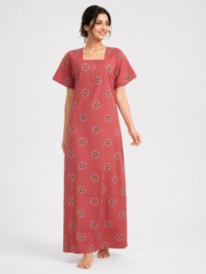 Women’s Cotton Printed Zip Nighty - Dust Pink