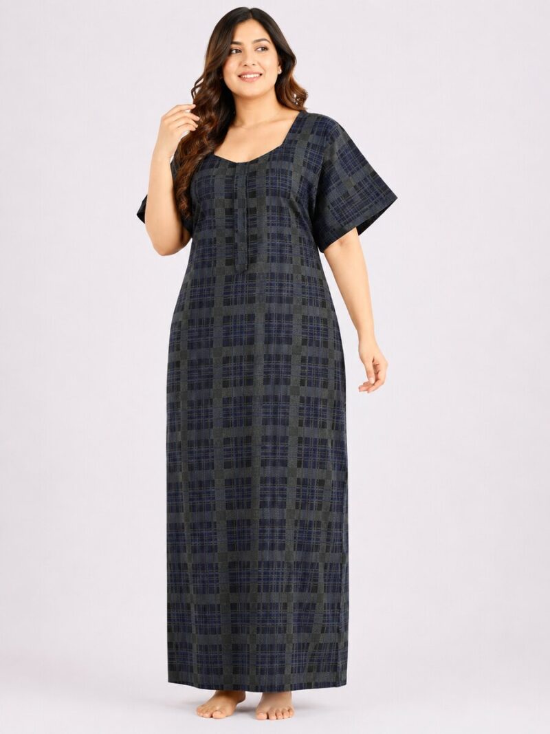 W-NY-302-04-NB-3XL-f Women's Plus Size Cotton Checked Nighty - Navy Blue