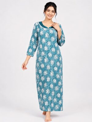 Women’s Lycra Printed Nighty - Turquoise