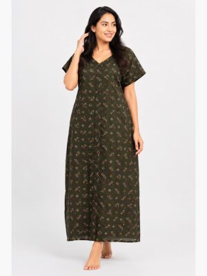Women’s Full Open Cotton Nighty - Olive Green