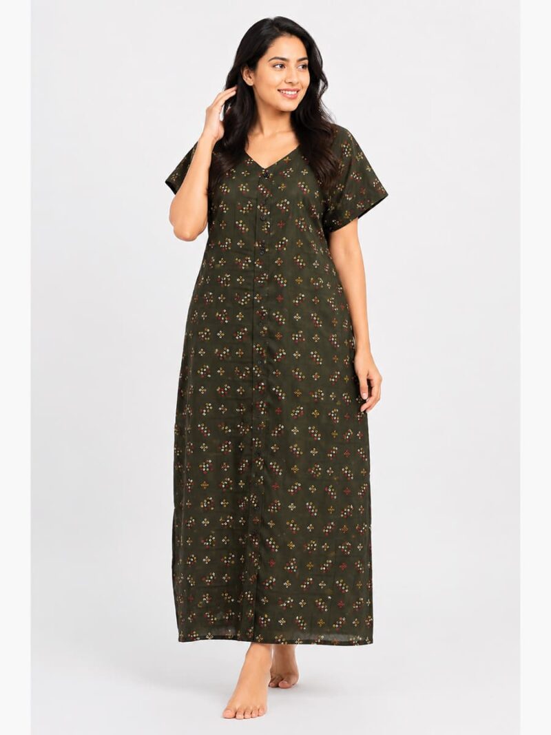 W-NY-329-03-OG-3XL-F Women’s Full Open Cotton Nighty - Olive Green