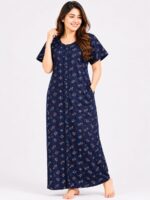 Women’s Full Open Cotton Nighty - Navy Blue