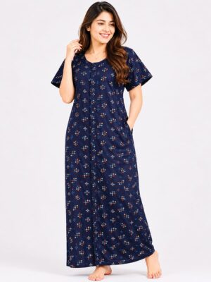 Women’s Full Open Cotton Nighty - Navy Blue