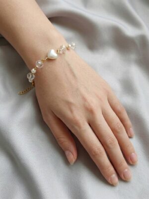 Womens Gold Pearl Crystal Heart Charm Bracelet