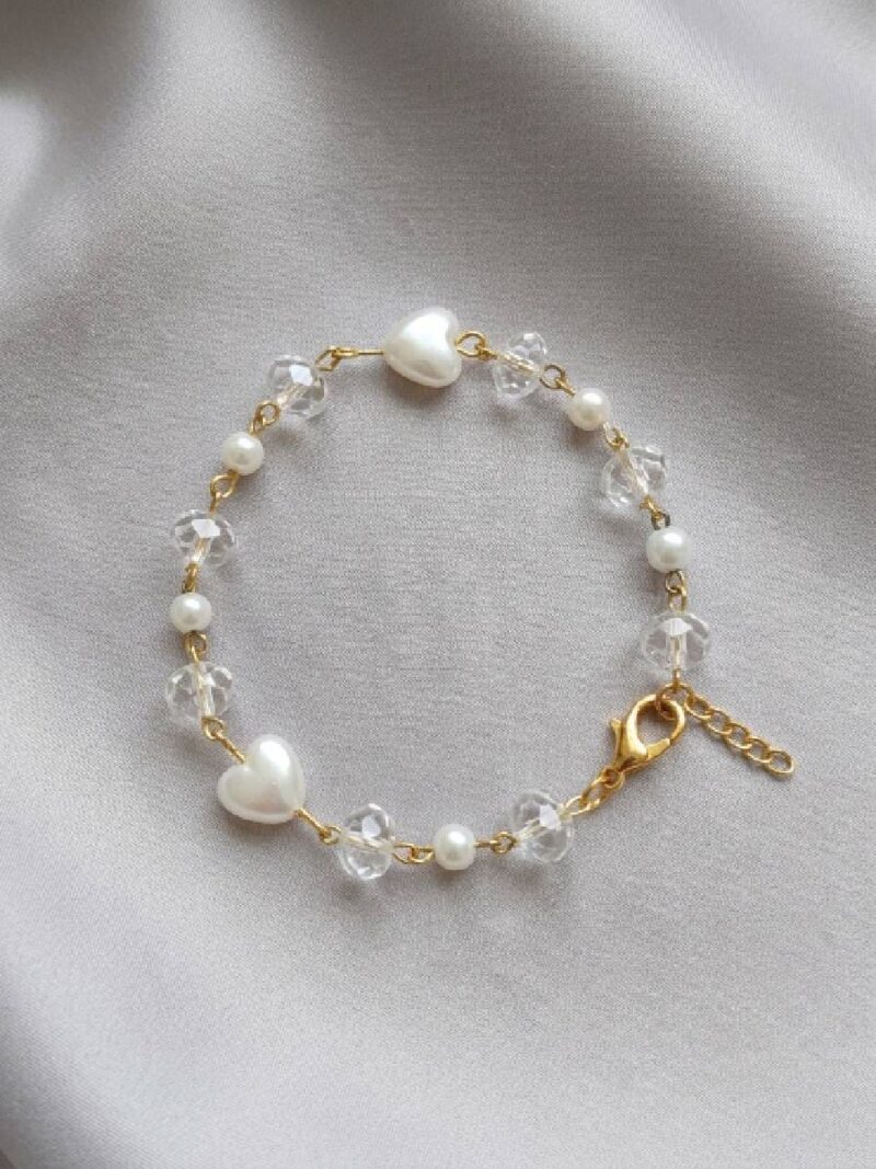 Womens Gold Pearl Crystal Heart Charm Bracelet