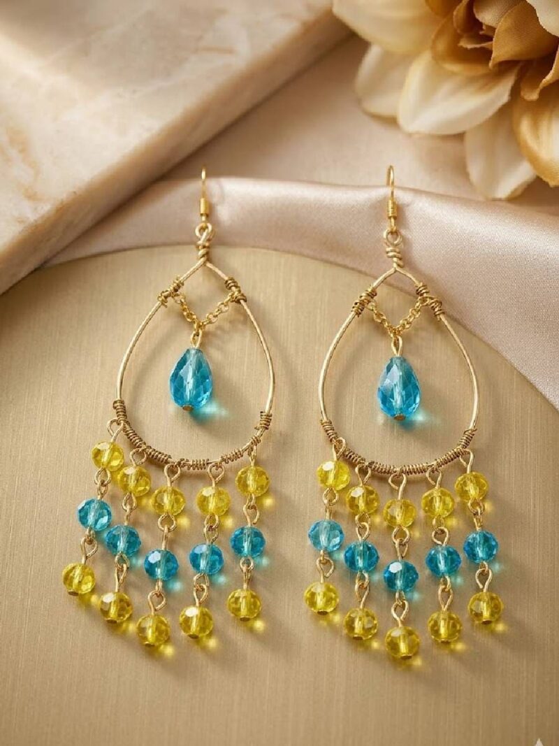 Women's Gold Boho Teardrop Chandelier Earrings - Yellow & Blue
