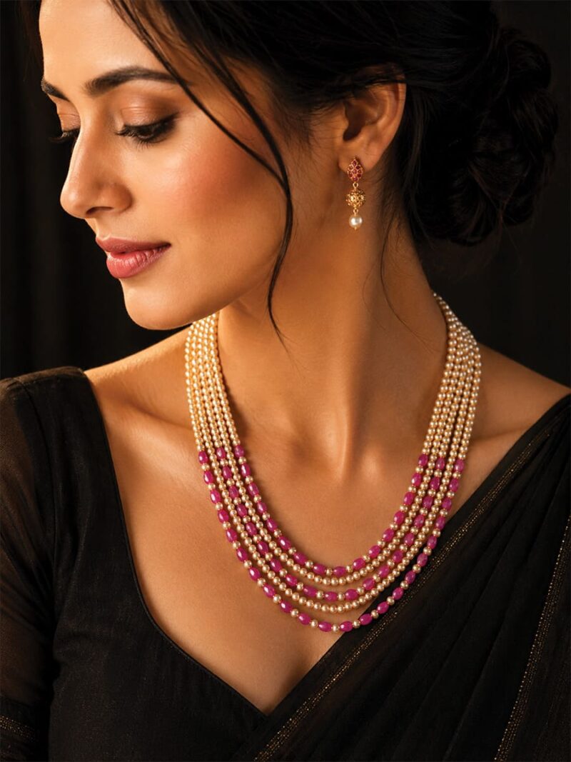 Women's 1G Gold Plated Ruby Pearl Layered Necklace