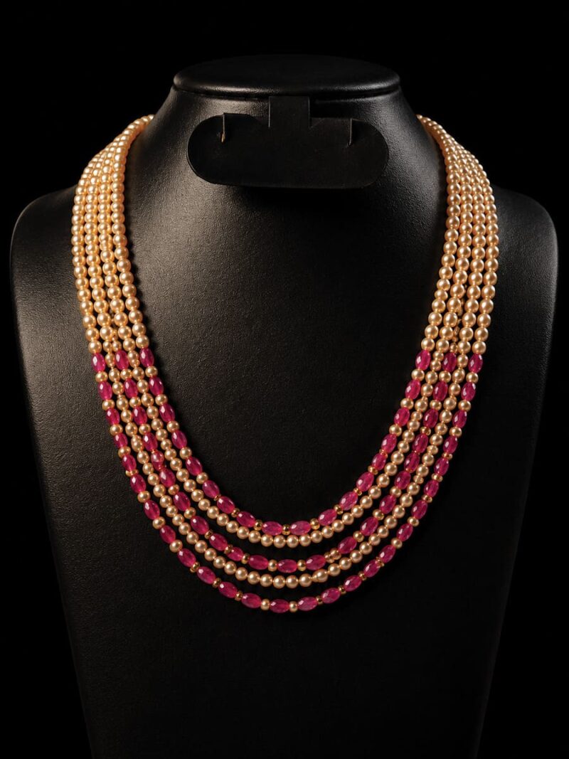 WJ-WP-SL-68-09-B. Women's 1G Gold Plated Ruby Pearl Layered Necklace