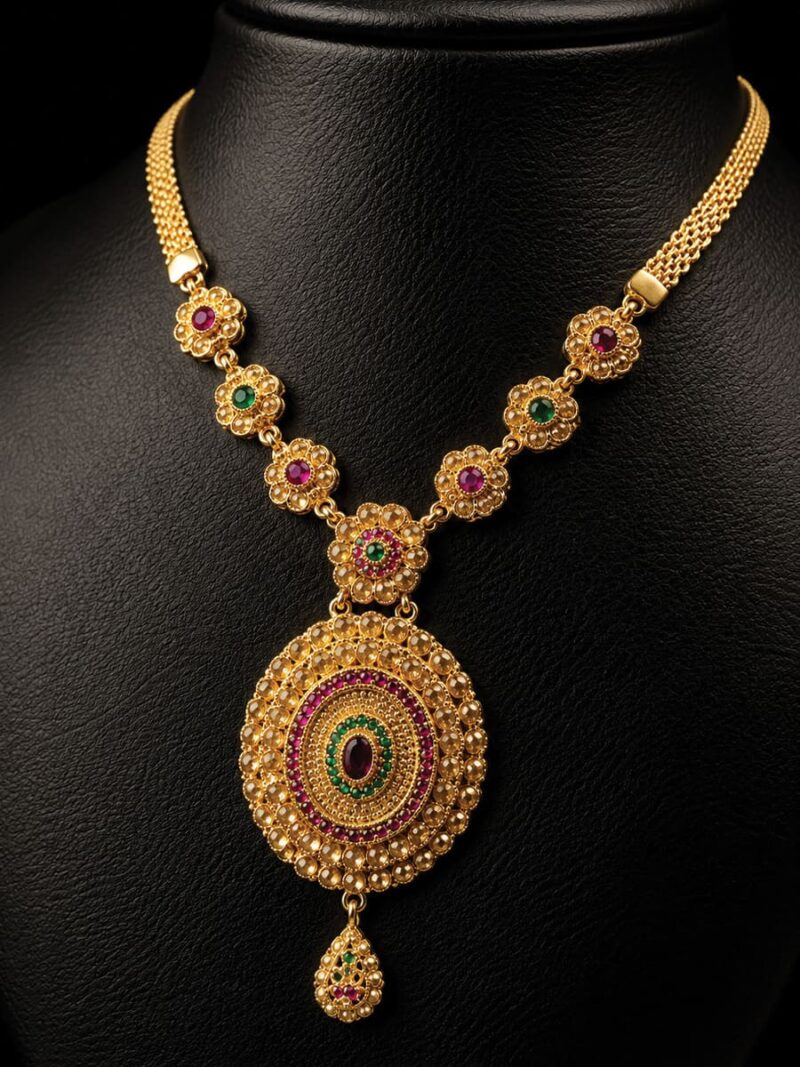 Women's Gold-Plated Traditional Necklace with Ruby & Emerald Stones